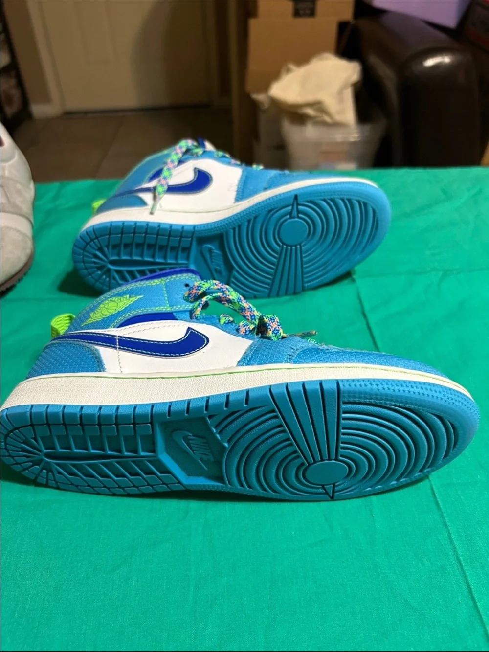 Jordan Kids Blue, White and Neon Green High-Top Sneakers